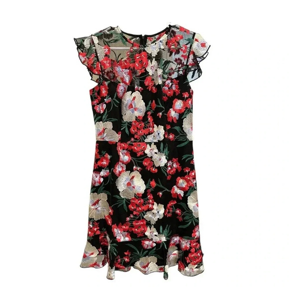 Donna Morgan Sheer Top Embroidered Floral Cocktail Dress Size 6, Pre-Owned - Picture 1 of 8